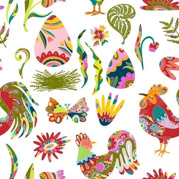 Seamless pattern with textured animals and plants. Spring ornament, Easter sp Stockillustratie