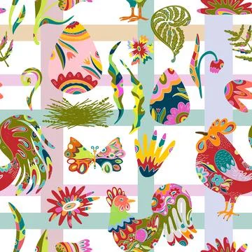 Seamless pattern with textured animals and plants. Spring ornament, Easter sp 스톡 일러스트