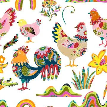 Seamless pattern with textured animals and plants. Spring ornament, Easter sp イラスト素材