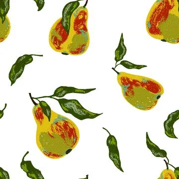 Seamless pattern with textured pears, hand-drawn with charcoal and old paint  Stock Illustration