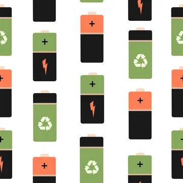 Seamless pattern of their insulated cylindrical batteries. A group of colored Stock Illustration