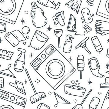 Seamless pattern on the theme of cleaning, doodle sketch style Ilustración de archivo