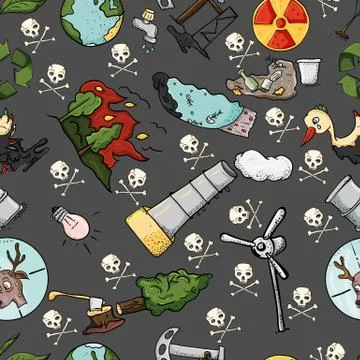 Seamless pattern on the theme of ecology the pollution of the earth black bac Stock Illustration
