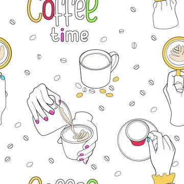 Seamless pattern on the theme of love for coffee. Contours of hands with drink Stock Illustration