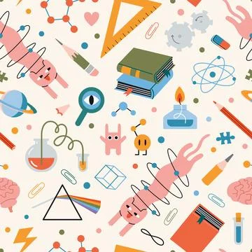 Seamless pattern on theme of physics and chemistry with cute characters. Sc.. Stock Illustration