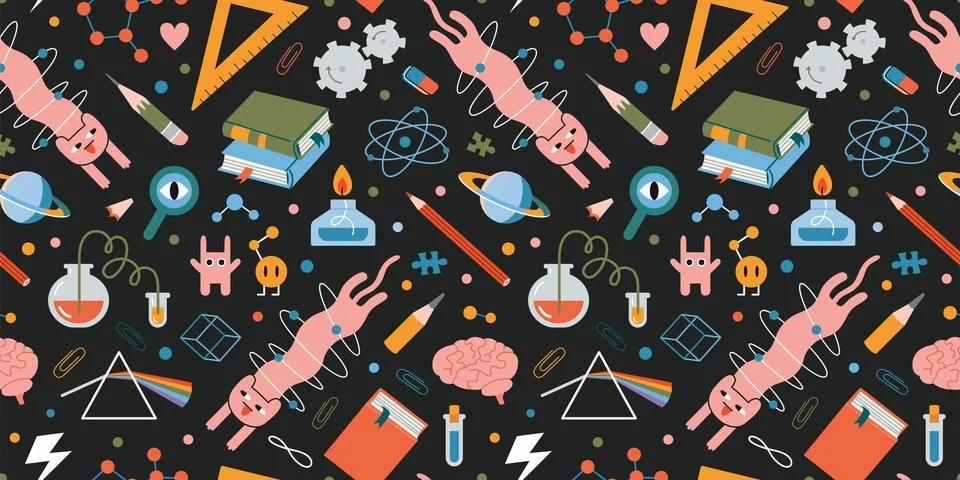 Seamless pattern on theme of physics and chemistry with cute characters. Sc.. Illustrazione stock