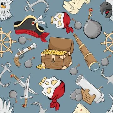 Seamless pattern on the theme of pirate symbols blue background Stock Illustration