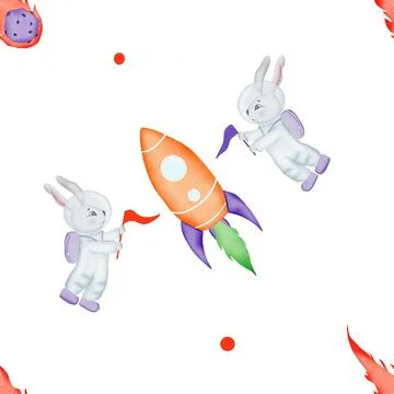 Seamless pattern on the theme of space. cartoon rabbits astronauts, rocket Stock Illustration