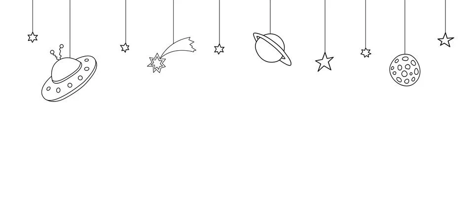 Seamless pattern on theme of space, cosmos, UFO. Background with simple conto Stock Illustration