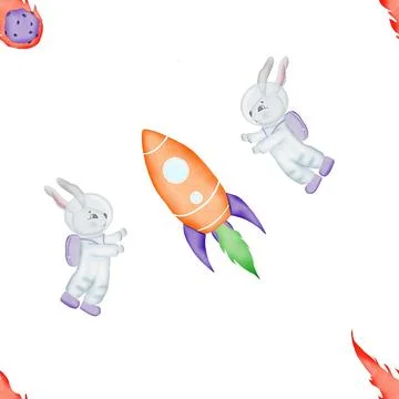 Seamless pattern on the theme of space. cute rabbits in space, with a rocket and 스톡 일러스트