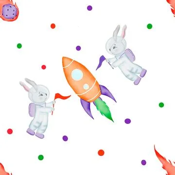 Seamless pattern on the theme of space. cute cartoon bunnies with rocket, flags 스톡 일러스트