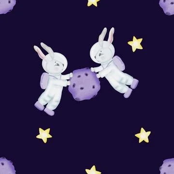 Seamless pattern on the theme of space. cute cartoon rabbits with planet, stars Stock Illustration