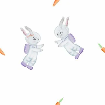 Seamless pattern on the theme of space. cute rabbits astronauts in space, with a Stock Illustration