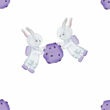 Seamless pattern on the theme of space. cute rabbits in space, with a violet Stock Illustration