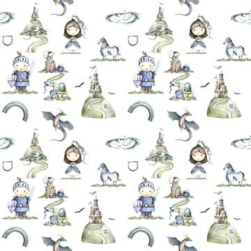 Seamless pattern thhe knight brave cute princess on dragon. Hand drawn waterc Stock Illustration