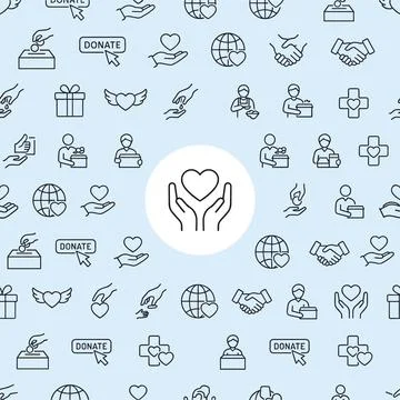 Seamless pattern of thin line icons representing charity, donation, and glo.. Stock Illustration