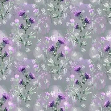 Seamless pattern with thistle flowers on a dark background Stock Illustration