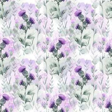 Seamless pattern with thistle flowers on a white background Stock Illustration