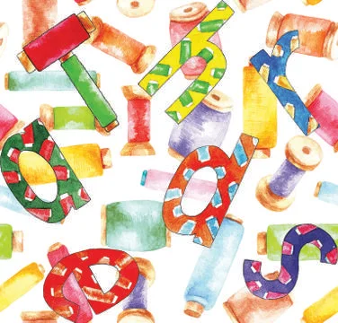 Seamless pattern of threads and letters, watercolor Stock Illustration