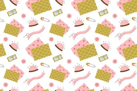 Seamless pattern with threads, needles, and fabric. For crafts and hobbies. Stock Illustration