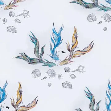 Seamless pattern of three beautiful small fishes on a white background. Illustrazione stock
