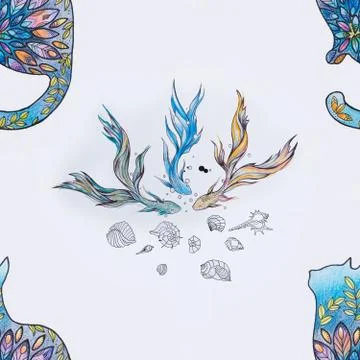 Seamless pattern of three beautiful small fishes and cats on a white background. Stock Illustration
