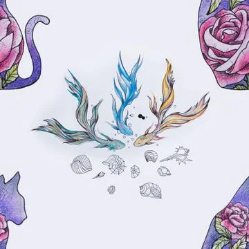 Seamless pattern of three beautiful small fishes and cats on a white background. Illustrazione stock
