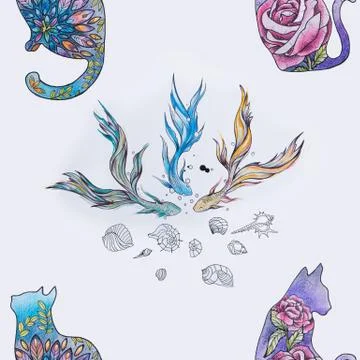 Seamless pattern of three beautiful small fishes and cats on a white background. Stock Illustration
