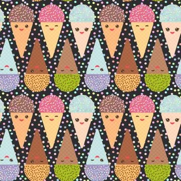 Seamless pattern with three Kawaii mint raspberry chocolate Ice cream waffle  Stock Illustration