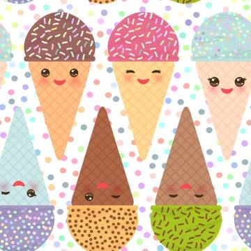 Seamless pattern with three Kawaii mint raspberry chocolate Ice cream waffle  Stock Illustration