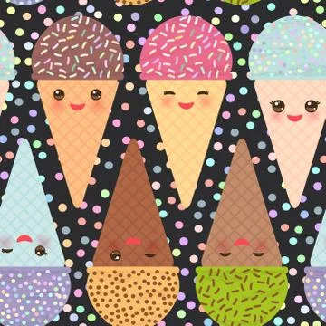 Seamless pattern with three Kawaii mint raspberry chocolate Ice cream waffle  Stock Illustration