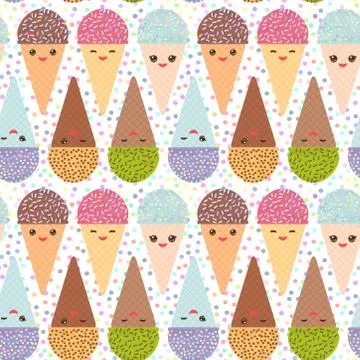 Seamless pattern with three Kawaii mint raspberry chocolate Ice cream waffle  Stockillustratie