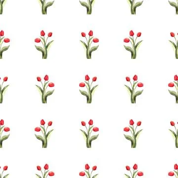 Seamless pattern of three red tulips buds with green leaves, watercolor Stock Illustration