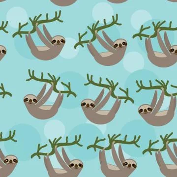 Seamless pattern three-toed sloth on green branch on blue background. vector Stock Illustration