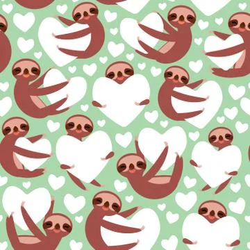Seamless pattern Three-toed sloth holding white heart, on blue mint backgroun Stock Illustration