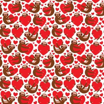 Seamless pattern Three-toed sloth holding red heart, isolated on white backgr Stock Illustration