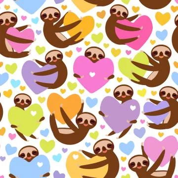 Seamless pattern Three-toed sloth holding red pink, yellow, lilac, orange, bl Stock Illustration