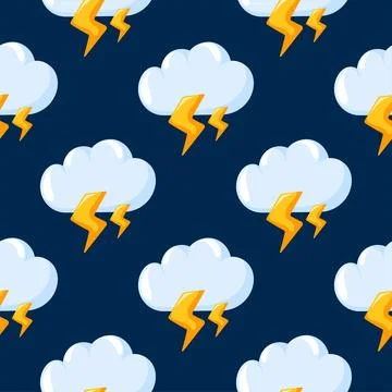 Seamless pattern with thunderstorm clouds and lightning bolts on a dark blue Stock Illustration