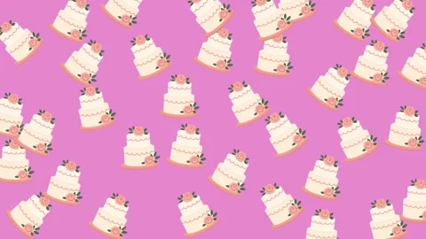 Seamless Pattern of Tiered Wedding Cakes with Floral Decorations on Pink Stock Footage 345539974
