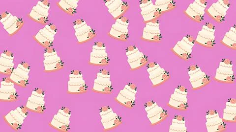 Seamless pattern of tiered wedding cakes with pink roses on a bright pink b.. Stock Illustration