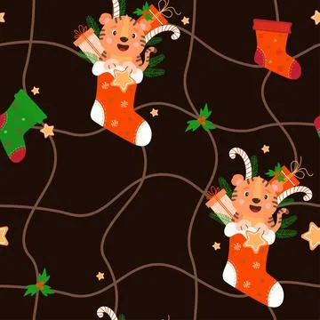 Seamless pattern with tiger and Christmas decor. Christmas sock with smiling tig Stock Illustration