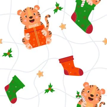 Seamless pattern with tiger and New Years decor. Cute animal with a big gift on  Illustrazione stock