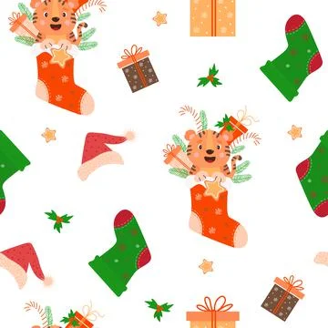Seamless pattern with tiger and New Years decor. Cute tiger cub with gift and ch Illustrazione stock