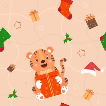 Seamless pattern with tiger and New Years decor. Cute animal with a big gift on Stock Illustration