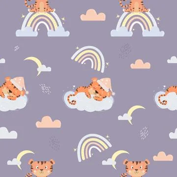 Seamless pattern with tiger cubs. Cute sleeping animal on a cloud and a sitting  Stockillustratie