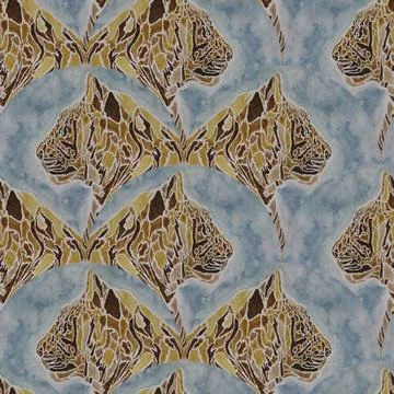 Seamless pattern of tiger faces with watercolor spots Stock Illustration