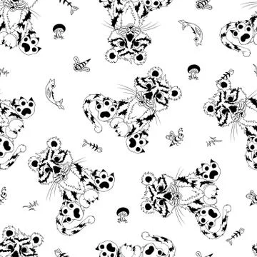 Seamless pattern with a tiger with a fish and bones from the fish Stock Illustration