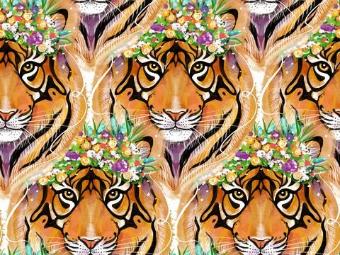 Seamless pattern. A tiger with a flower wreath on its head. Bright youth large Stock Illustration