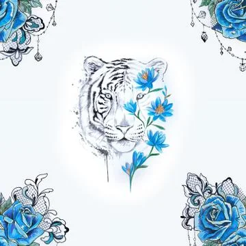Seamless pattern tiger in flowers and blue roses on a white background. Stock Illustration