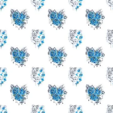 Seamless pattern tiger with flowers and blue roses on a white background. Stock Illustration